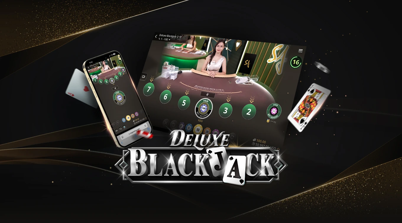 Image for an online Blackjack game featuring a dealer at a casino table on the left and a mobile interface on the right. The text 'BLACKJACK' is prominently displayed at the bottom, with playing cards and poker chips floating around.